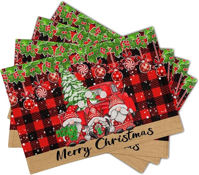 Winter Placemats Set of 4, 12 x 18 Inch Xmas Tree Gnome Truck Dining Table Mats Red Black Buffalo Plaid Rectangle Tabletop Decor for Holiday Seasonal Dining Party