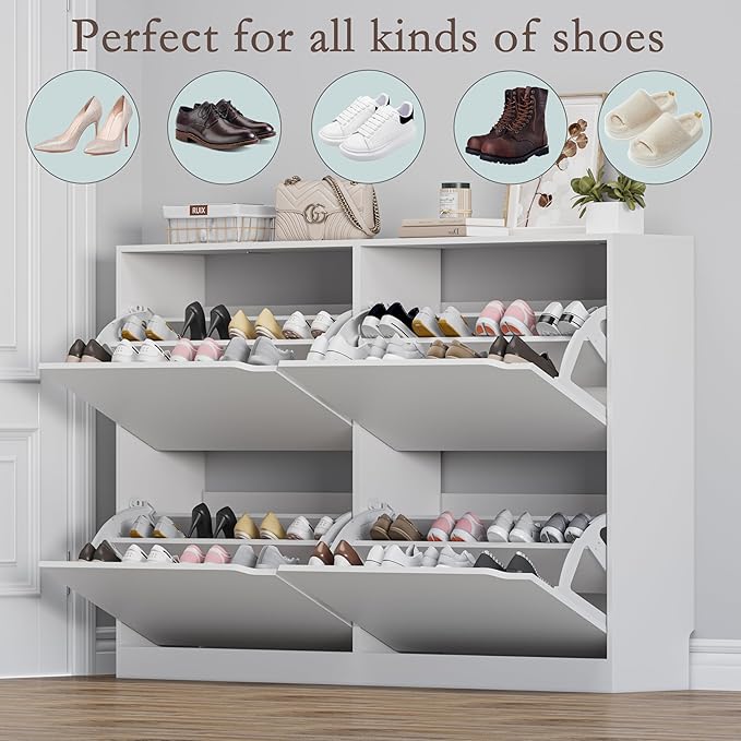 Shoe Cabinet with 4 Flip Drawers, Narrow Hidden Shoe Storage Cabinet, Slim Freestanding Shoe Rack Organizer for Entryway, Hallway, Bedroom, Living Room