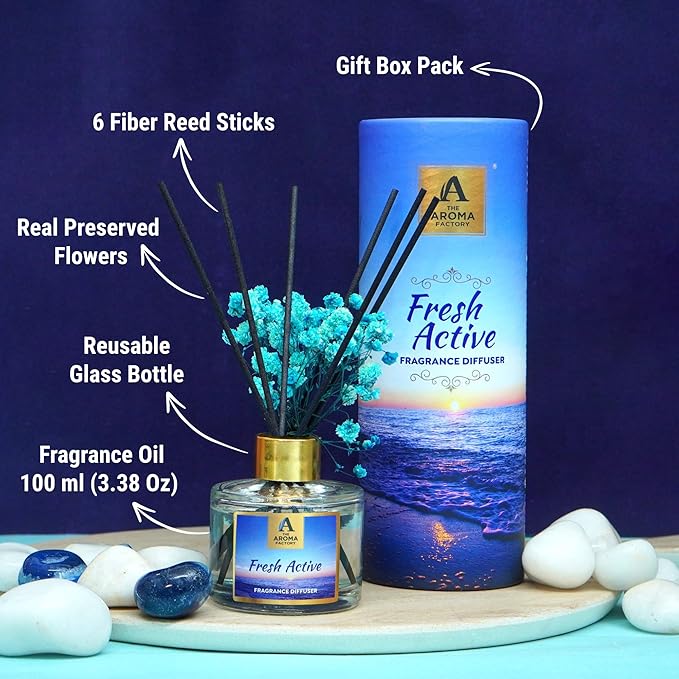 The Aroma Factory Fragrance Reed Diffuser Set with Natural Essential Oil, Aroma Sticks & Real Preserved Flowers | Luxury Home Decor Scent (Fresh Active, 1 Pack)