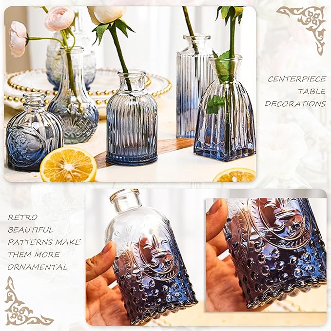 Bud Vases Set of 24, Gradient Blue Vintage Small Vases for Flowers, Clear Crystal Mini Glasses in Bulk, Small Flower Design for Centerpieces Wedding Home Flower Party Decor