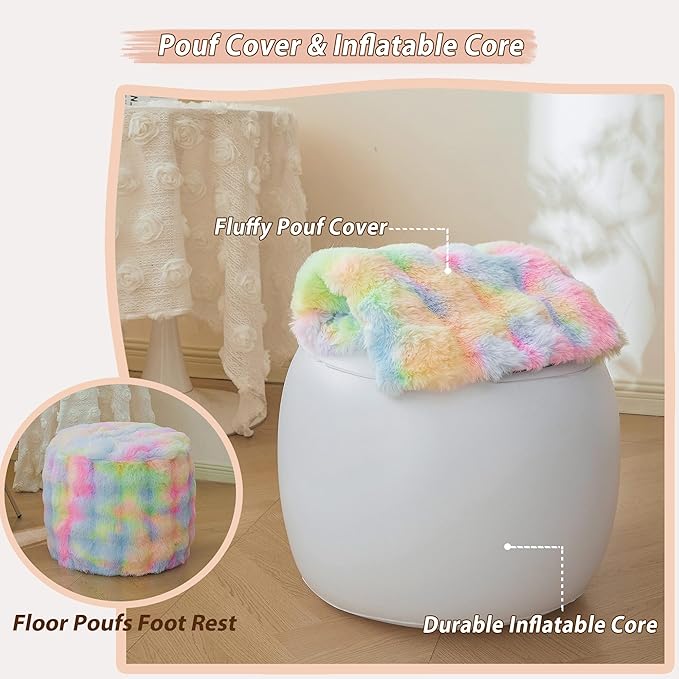LIFEREVO Faux Rabbit Fur Round Inflatable Pouf Ottoman, 20" X 16" Waffle Bubble Floor Poufs Foot Stool Rest Anti-Slip Living Room Bedroom, Tie Dye Furry Foldable Ottoman Seat Home Decor, Rainbow