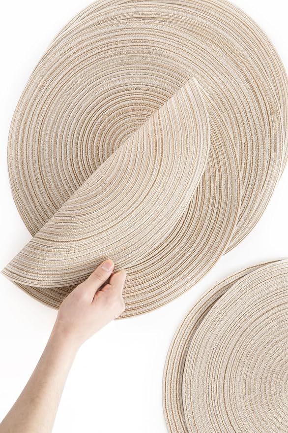 Floroom 15 Inch Round Braided Placemats Set of 6, Washable Heat Resistant Cotton Polyester Circle Place Mats for Kitchen Dining Table - Canvas Beige