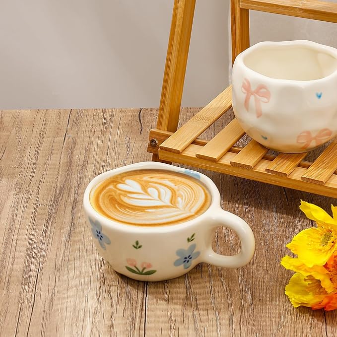 Koythin Ceramic Coffee Mug, Handmade Hot Chocolate Mugs, Cute Cup for Girl Women, Aesthetic Tea Milk Cup with Handle, 8.5 oz/250 ml for Latte, Cocoa, Office, Home (Blue Tulip Flowers)