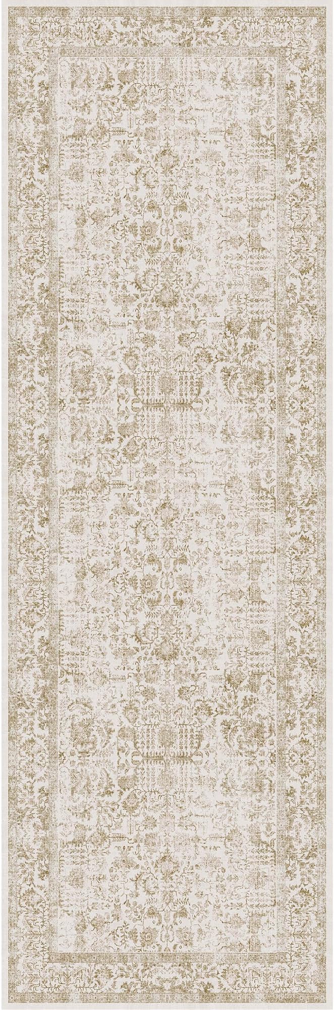 Light Brown Runner Rug 3x8 Hallway Machine Washable Kitchen Vintage Distressed Non Slip Long Carpet Indoor Retro Floral Bedroom Accent Throw Rug for Bathroom Office Laundry Dining Room