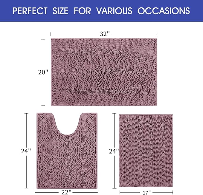 Striped Mauve Bathroom Rug Set 3 Pieces Ultra Soft, Non Slip Chenille Bath Carpet, Absorbent Plush Shaggy Bath Mats for Bathroom, Toilet, Bedroom, Kitchen
