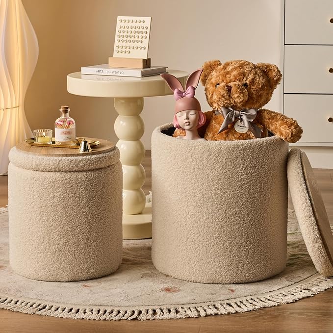 Round Ottoman with Storage Set of 2-Upholstered Velvet Vanity Stool for Makeup Multifunctional Ottomans Coffee Table Padded Seat Foot Rest for Living Room&Bedroom (Cream)