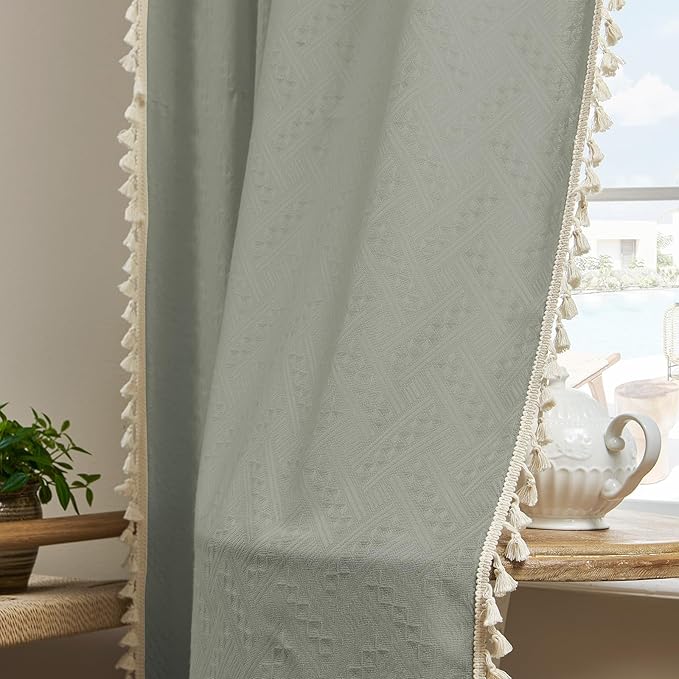 Joydeco Custom Boho Curtains - 1 Panel, Super Soft Light Filtering Country Rustic Semi Sheer Curtains for Bedroom & Living Room, Greyish Green