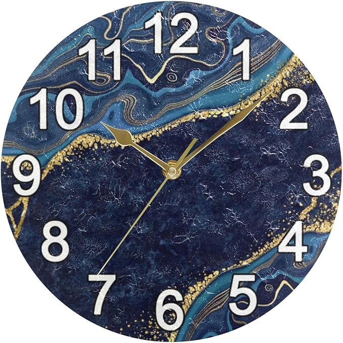 Abstract Blue Gold Marble Wall Clock Non Ticking Silent Kitchen Clock Large Battery Operated Clocks 10 inch for Living Room Bedroom Decor