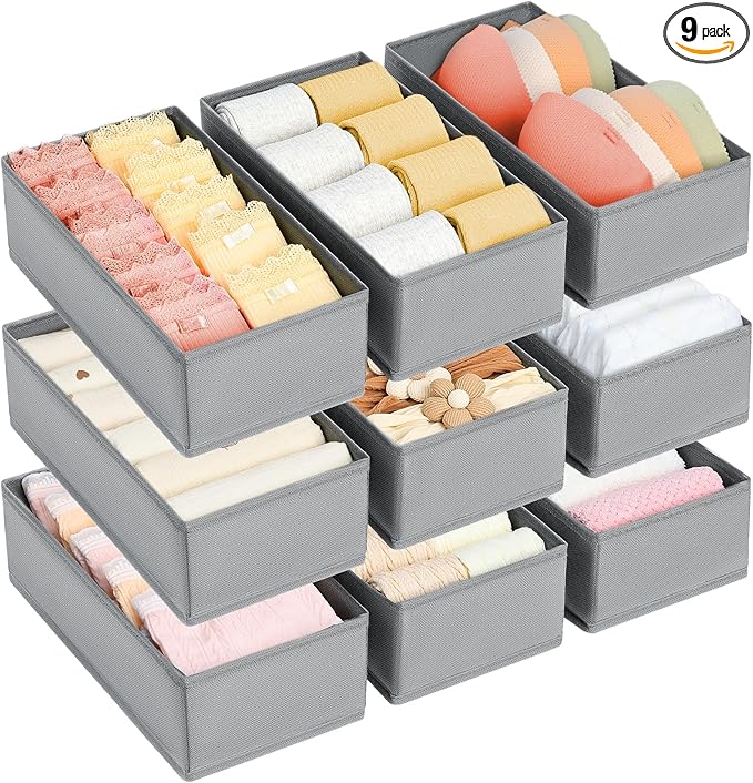 DIMJ Drawer Organizer Clothes - Underwear Organizer Small Sock Organizer Closet Organizers and Storage Box Dresser Drawer Dividers for Baby Clothes,Bra,Socks, Belt, Tie, Set of 9,Grey