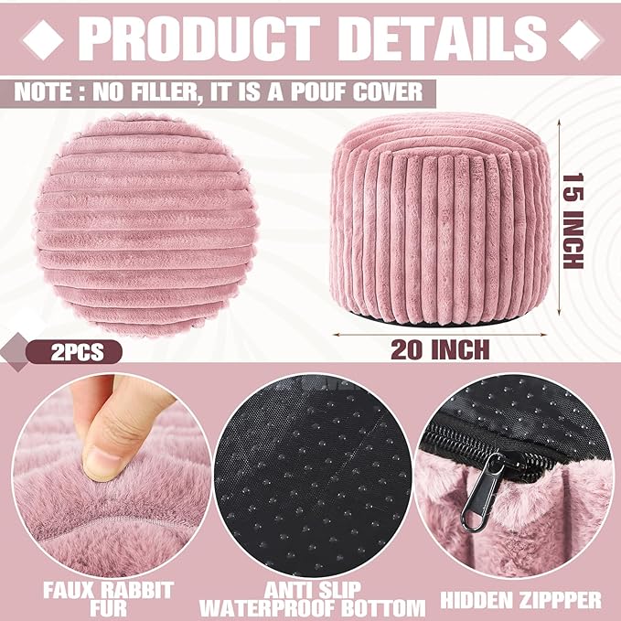 2 Pcs 20 x 15 Inch Unstuffed Pouf Cover Ottoman Foot Rest - No Filler, Faux Rabbit Fur Foot Stool Floor Bean Bag Floor Chair Storage for Living Room Bedroom Home Decor(Pink)