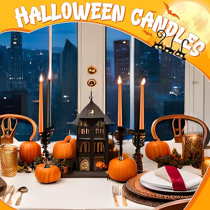 Patelai 20 Pcs Halloween Candles 10 Inch Unscented Dripless Christmas Advent Candle Set 20 Taper Candles Candlestick for Halloween Church Holiday Decoration Seasonal Party(Orange and Black)