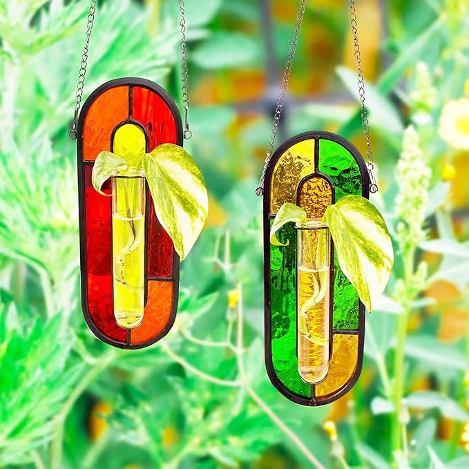 LITMIND Transparent Stained Glass Propagation Station - Handcrafted Suncatcher Hanging Planter with 2 Glass Tubes, Multi-Color Hydroponic Wall Décor for Windows, Home & Garden