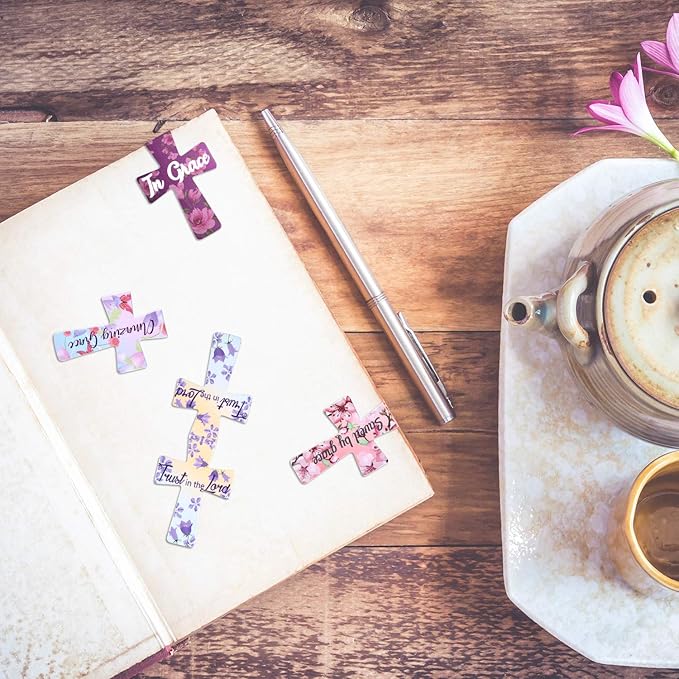 Outus 96 Pieces Magnetic Christian Religious Cross Bookmark Religious Bible Verses Bookmarks Magnetic Page Clips for Women Student School Reading Gifts, 16 Styles (Floral Style)