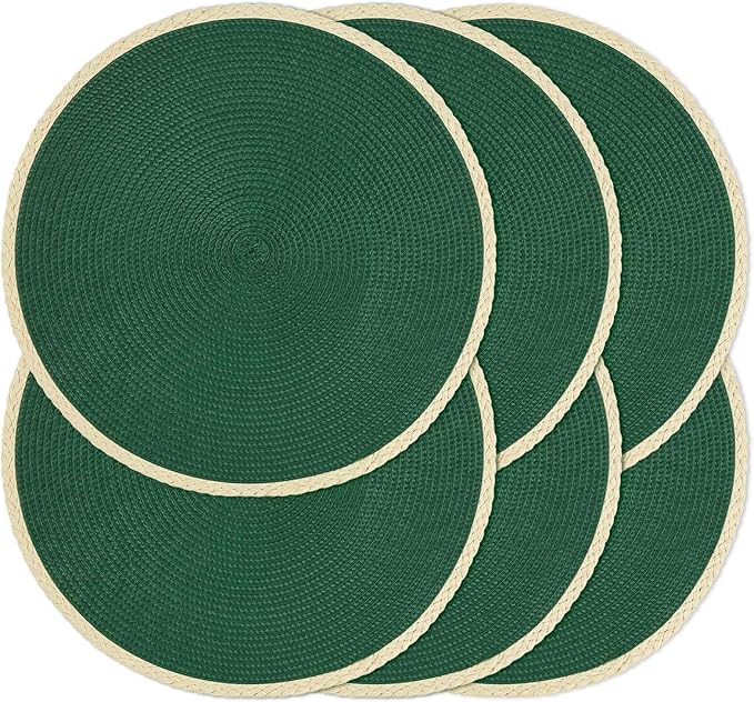 Noctiflorous Round Braided Placemats Set of 6 Table Mats 15 Inches Washable Heat Resistant for Dining Table Non-Slip Indoor Outdoor Place Mats for Easter(01 Pine Green 6)