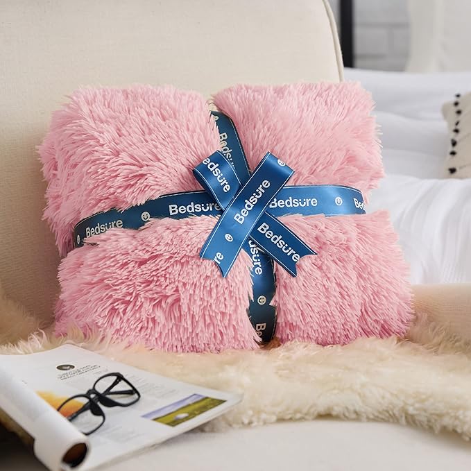 Bedsure Fluffy Pink King Size Blanket for Bed, Thick Soft Sherpa Faux Fur Fleece Bedding Fuzzy Plush Winter Warm Heavy Oversize Big Large King Blanket, Cozy Pink Gifts for Men Women, 108x90