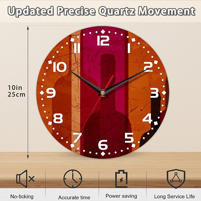 Clock for Living Room, Abstract Wine Wall Clock Vintage Wooden Wall Clock Silent Non-Ticking Battery Operated Arabic Numerals Wall Clocks Decorative for Kitchen, Office, Classroom 10 Inch
