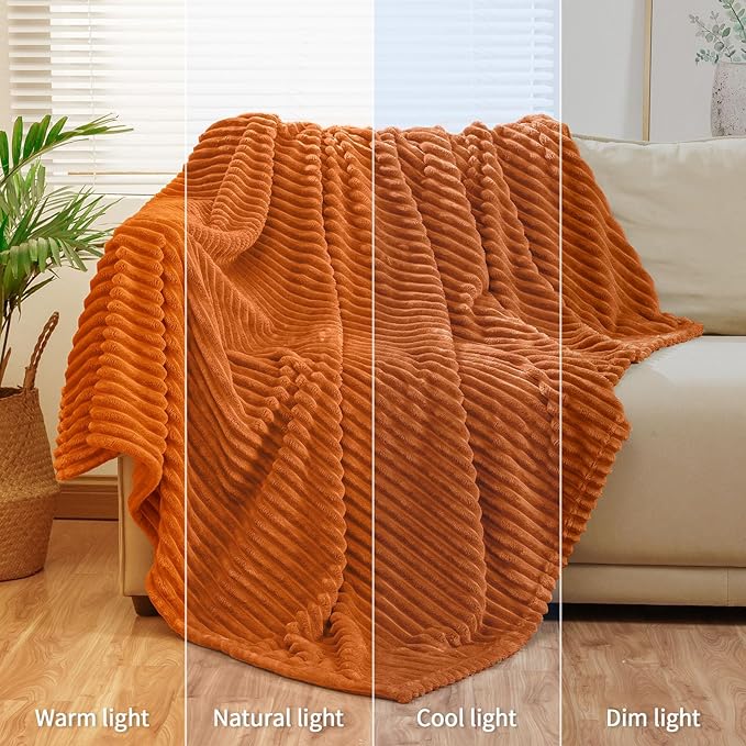 Bnuitland Burnt Orange Flannel Throw Blanket, 300GSM Super Soft Fleece Stripe Pattern Sofa Blanket for Babys and Kids, Lightweight Cozy Bed Throw for Home Decor All Season