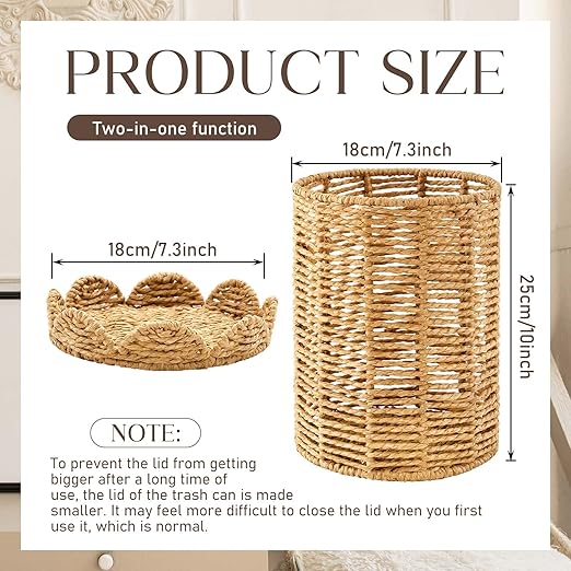 Ctosree 1.3 Gallons Small Wicker Trash Can with Lid Handle Woven Wicker Rattan Bathroom Waste Basket Boho Trash Basket with 100 Plastic Garbage Bags for Bedroom Office Laundry (Scalloped Style)