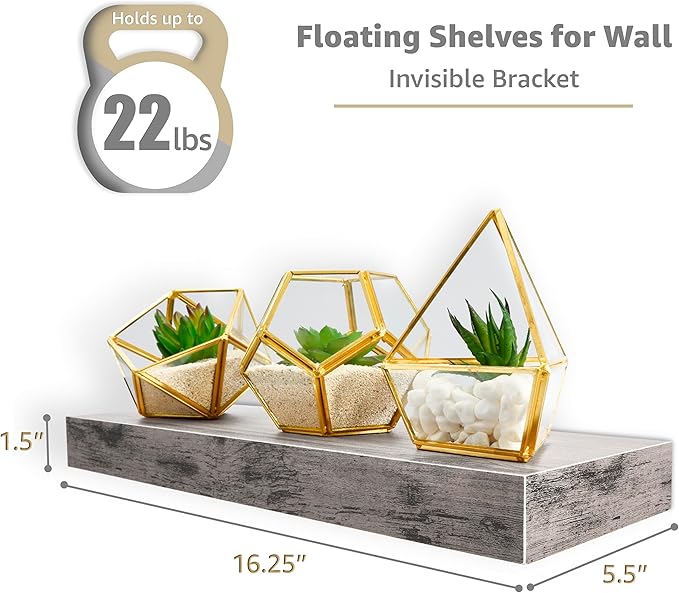 Sorbus Floating Shelves for Wall, Bathroom Shelves Wall Mounted for Kitchen, Bedroom, Bathroom Storage Over Toilet, Hanging Book Shelf for Wall Home Decor Living Room (Grey, 3 Pack)
