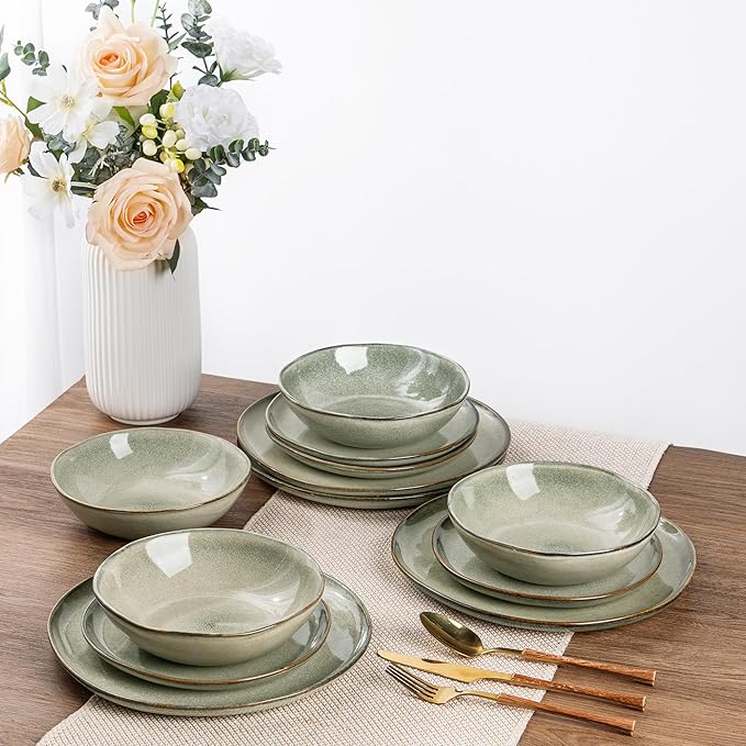 AmorArc Ceramic Dinnerware Sets of 8,Handmade Reactive Stoneware Glaze Plates and Bowls Sets,Highly Scratch Resistant | Dishwasher & Microwave Safe,Service for 8 Dishes Set (24pc)