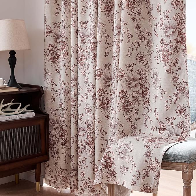 jinchan Blackout Linen Blend Curtain Floral Blackout Curtains for Living Room 90 Inch Length Brick Red Printed with Lined Blackout Curtain for Bedroom Farmhouse Curtains Set 2 Panels