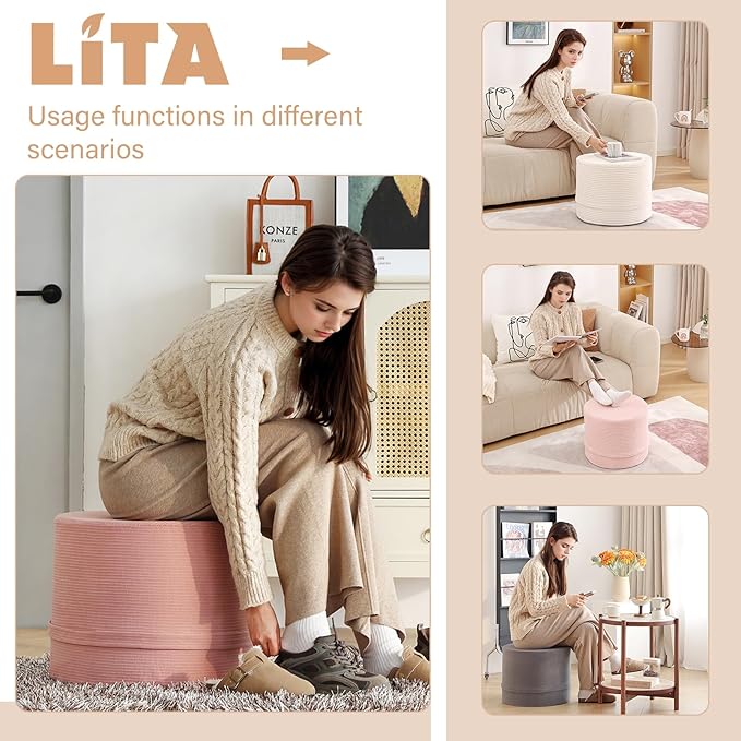 LITA Round Stuffed Pouf Ottoman, Velvet Poufs with High-Density Foam Filling and Washable Cover, Furry and Fluffy Bean Bag Foot Stools Ottoman for Living Room, Bedroom, Office, Grey
