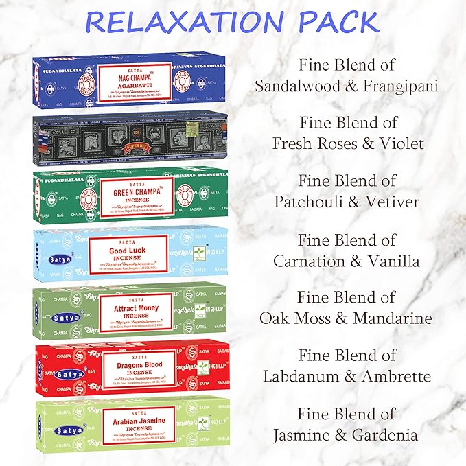 Satya Incense Sticks Gift Set, 7 Scents, Nag Champa, Super Hit, Dragon's Blood, Sandalwood, Patchouli, Lavender, Positive Vibes, 15g Each (Relaxation Mix)