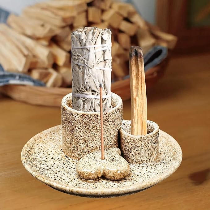 4 in 1 Incense Burner Holder,Incense Sage and Palo Santo Holder,Incense Stick Holder,Ceramic Incense Holder Ash Catcher,for Meditation Room (Brown)