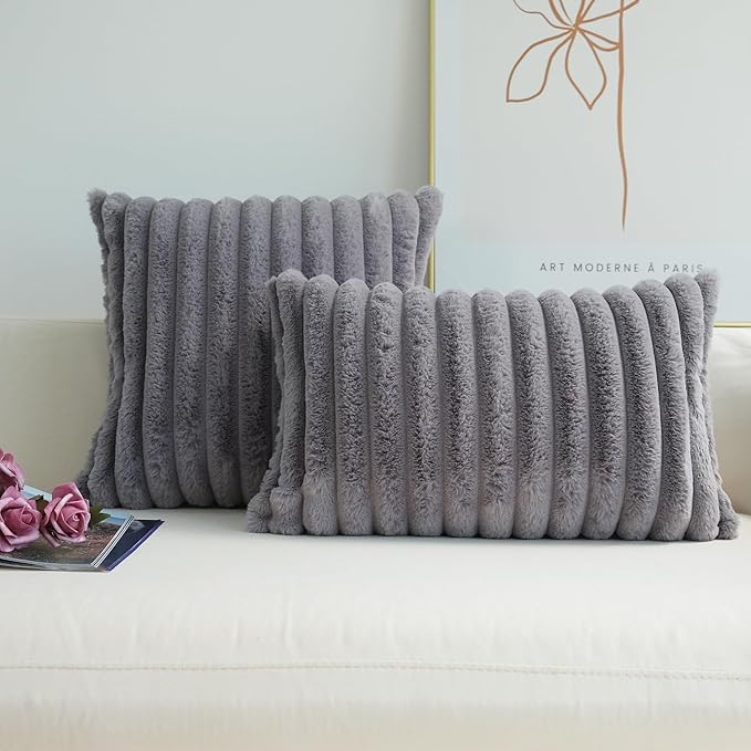 JOJUSIS Pack of 2 Faux Fur Plush Decorative Throw Pillow Covers Couch Cushion Case Soft Pillowcases (Grey, 20 x 20-Inch)