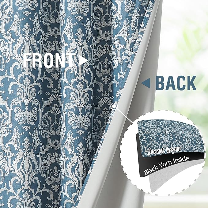 jinchan Room Darkening Curtains for Bedroom Blue Damask Patterned Curtains 96 Inch Length for Living Room Linen Textured Vintage Drapes Medallion Window Treatments Grommet Top 2 Panels Set