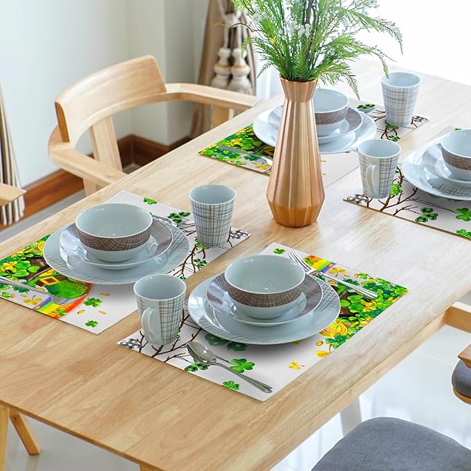 Giwawa St Patricks Day Placemats Set of 4-12"x18" Lucky Clover Tree Elf Hat Place Mat- Spring Shamrock Rainbow Colorful Linen Washable Table Mats for Kitchen Dining Holiday Party Tabletop Decor