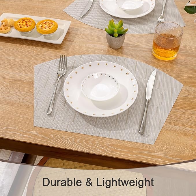 SHACOS Wedge Placemats for Small Round Table Set of 4 Woven Vinyl PVC Placemats Heat Resistant Wipeable Indoor Outdoor Table Mats (4, Beige)