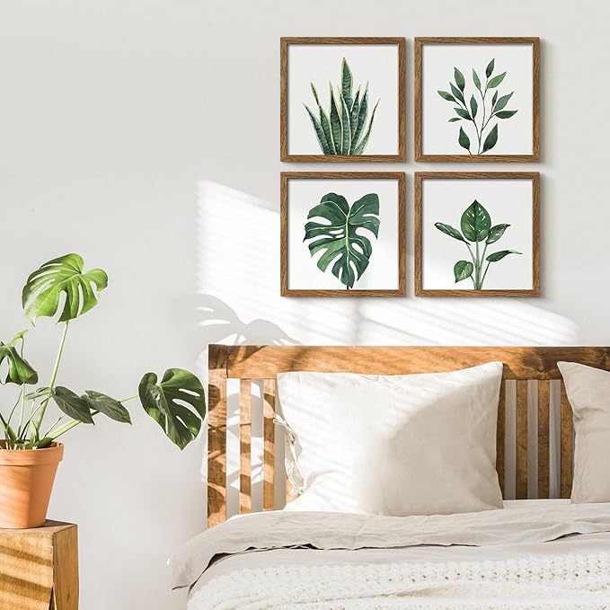 ArtbyHannah Framed Bathroom Wall Decor, 10x10 Inch Botanical Wall Art with Sage Green Plant Print for Wall Decoration, Minimalist Restroom Decor (Walnut)