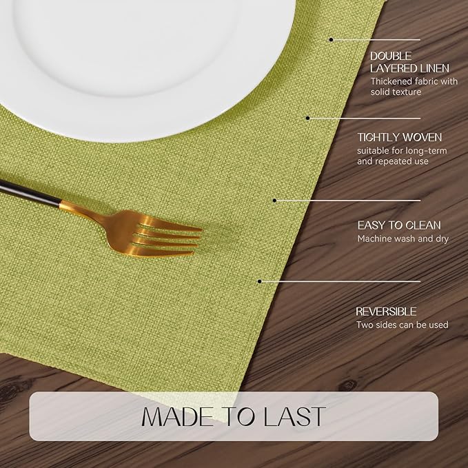 Romanstile Cloth Placemats Set of 4-12 x 18 Inch, Heat Resistant Double Layered Thickened Burlap Place Mats, Washable Faux Linen Farmhouse Table Mats for Kitchen/Dining/Party/Outdoor, Green