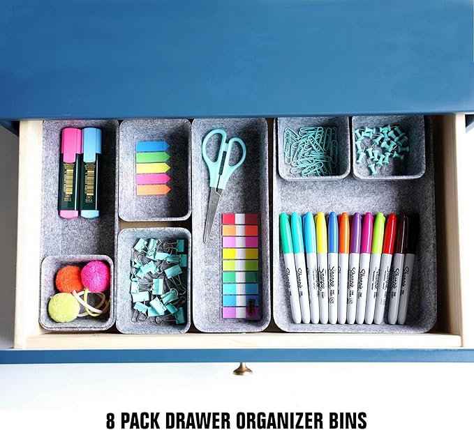 Welaxy Office Drawer Organizers Trays Drawers dividers Felt Storage Bins Organizer bin for Jewelry Cosmetic Makeup Junk Silverware pens Art Crafts Tools Sturdy Flexible Bins,Pack 8 (Gray)