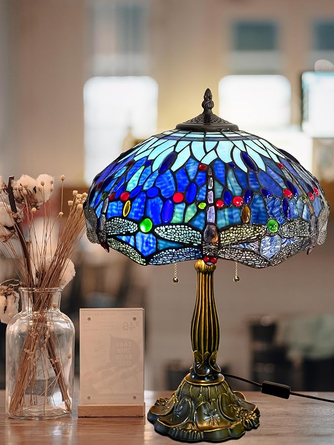 KY&BOSAM Tiffany Dragonfly Table Lamp Tiffany Style Table lamp Stained Glass Style Desk Lamps 24 Inch Tall Glass 16 Inch Wide Lamp Shade Beside Lamp 2 Bulb Antique Zinc Base for Home Bedroom Decor