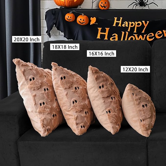 4TH Emotion Halloween Ghost Decorative Pillow Covers 20x20 Set of 2, Light Brown Soft Plush Faux Fur Farmhouse Throw Cushion Cases for Fall Autumn Holiday Home Decorations