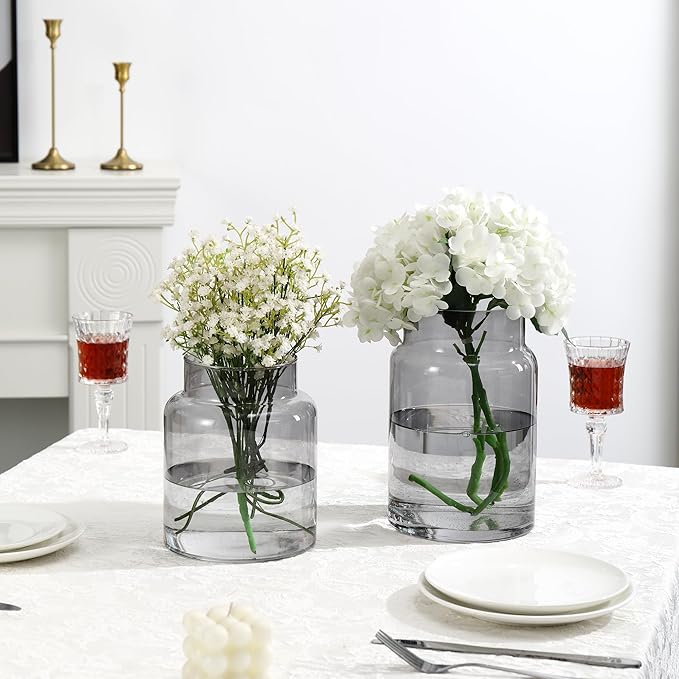Large Glass Vase, Black Glass Vase Set of 2, Large Flower Vases for Bouquet, Tall Wide Mouth Vases for Flowers, Home, Wedding, Living Room, Office Decor, 7"+9"