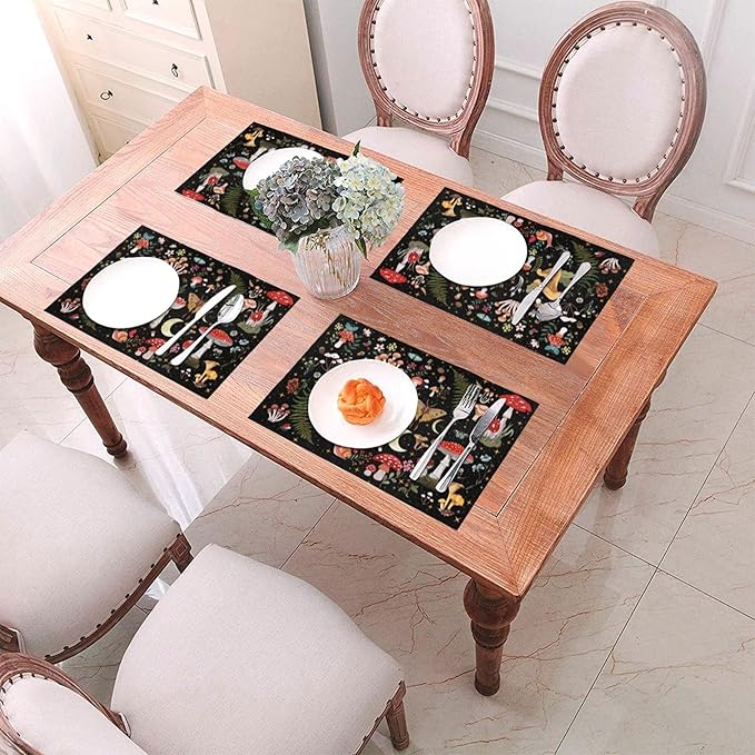 Mushroom Placemats Set of 4, Moth Gothic Witchy Table Mats, Heat Resistant Washable Placemat for Kitchen Dining Tables Decor, Black and Red Linen Place Mats 12"x18", Witchy Gifts for Women