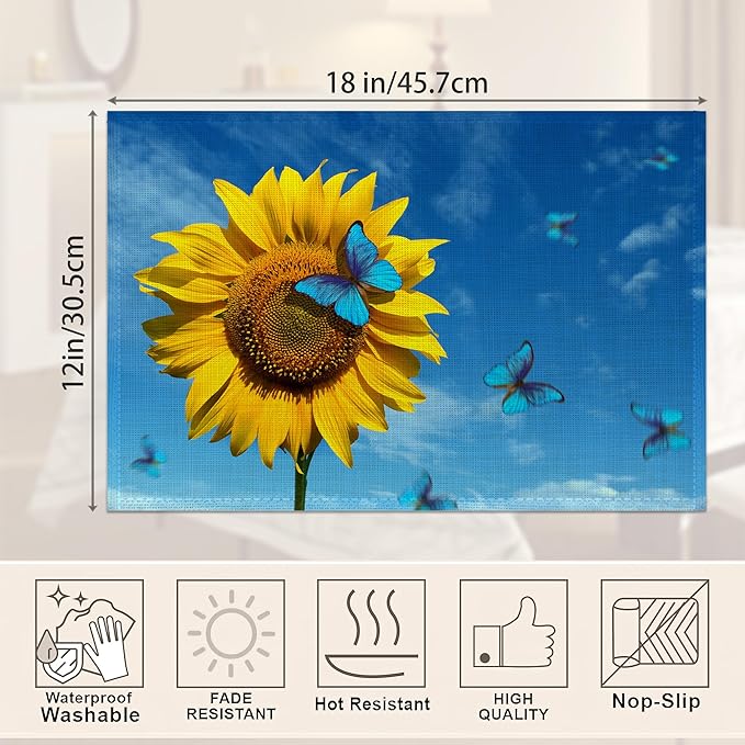 Placemats,Sunflower Blue Butterfly Placemats 12x18 Inch Waterproof Non-Slip Washable Table Mats for Kitchen Dining Party Table Decor,Set of 6