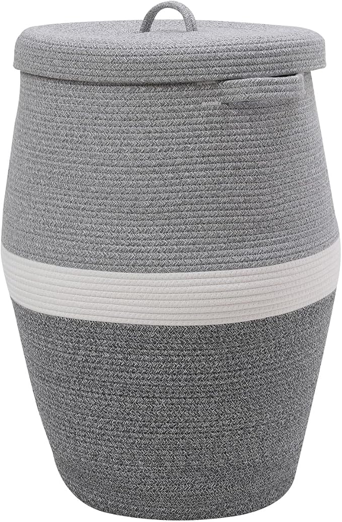 26" x 20" Tall Extra Large Storage Basket with Lid, Cotton Rope Storage Baskets, Woven Laundry Hamper with Cover, Cloth Storage Bin, for Clothes Towels in Living Room, Dual Grey