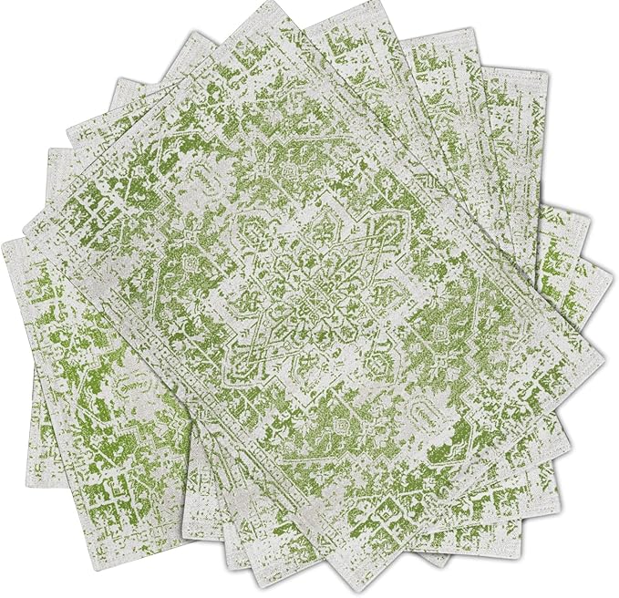 Gray Lime Green Boho Placemats Set of 6 Ethnic Bohemian Carpet Place Mats Washable Kitchen Dining Vintage Grey Geography Floral Linen Table Mats Stain Heat-Resistant for Home Party Indoor 12x18 in