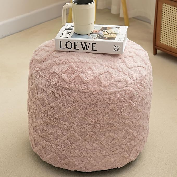 Round Stuffed Pouf Ottoman for Foot Rest, Faux Fur Poufs with Foam Chunk Filling, Storage Ottoman Pouf Foot Stool Cushion, 20 X 15 InchFloor Poufs Foot Rest for Living Room Bedroom Home Decor (Pink)