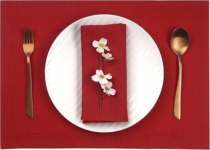 D'Moksha Homes Linen Red Placemats Set of 4-100% Pure Linen Placemats 14 x 19 Inch for Summer - Handcrafted and Machine Washable