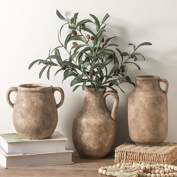 Ceramic Flower Vase Home Decor - 7.1 Inch Retro Table Flowers Vases Living Room Bedroom Plant Decorations Modern Farmhouse Vintage for Kitchen Shelf Office Coffee Dining Desk House Women