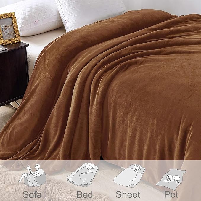 Exclusivo Mezcla Twin Size Flannel Fleece Velvet Plush Bed Blanket as Bedspread, Coverlet, Bed Cover (90x66 IN, Brown) Soft, Lightweight, Warm and Cozy