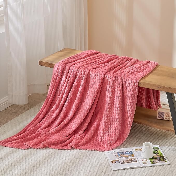 EMME Fleece Throw Blanket Luxury Flannel for Couch Bed Sofa Chair, Soft, Plush, Warm and Cozy Blanket with Geometric Grid Design (Coral Red, 60'' x 80'')