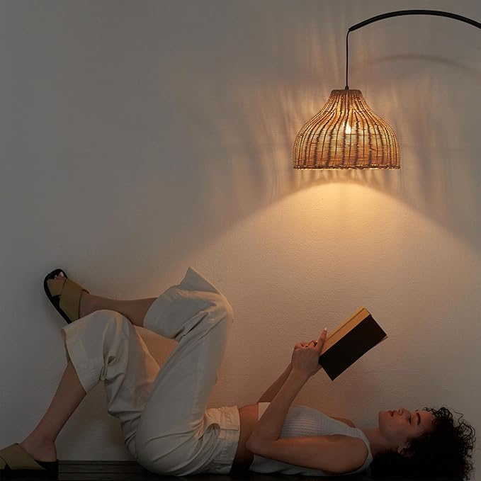 Brightech Lark Standing LED Floor Lamp for Bedroom, Living Room, Office - Modern Tall Corner Arc Lamp with Boho Hanging Rattan Shade - Bright Bedside Reading Light - Black