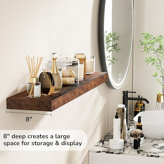 Fun Memories 36 Inch Floating Shelves - Deep Rustic Wooden Wall Shelves - Extra Deeper & Thicker Wall Mounted Storage Shelf for Bedroom, Kitchen, Farmhouse - 2 Pack, Rustic Brown