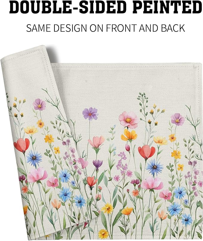 Giwawa 4PCs Spring Floral Placemats Summer Wildflowers Place Mat 12x18 Inch Watercolor Herb Flowers Washable Heat Resistant Table Mats for Kitchen Dining Party Picnic Seasonal Decor